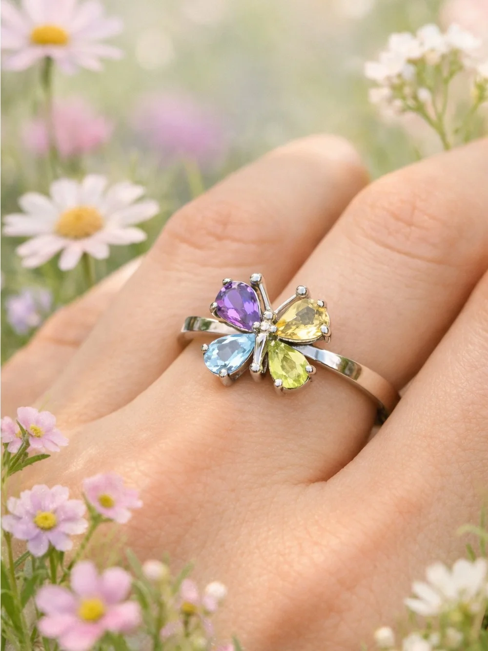 Sterling Butterfly Ring with Semi‑Precious Gemstones — Size 6.5